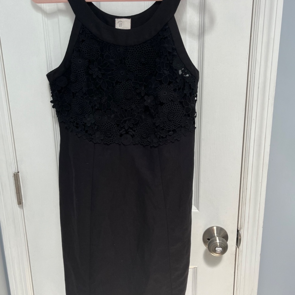 ANTHROPOLOGIE Postmark Oleander Openwork Shift Dress 8 Black Linen Cotton Preppy